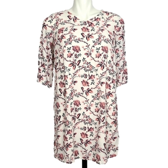 ⭐️3/ $30⭐️ Old Navy Midi Dress Pink Floral Print Cream 3/4 Sleeves Sz 14 Reg - Picture 1 of 11